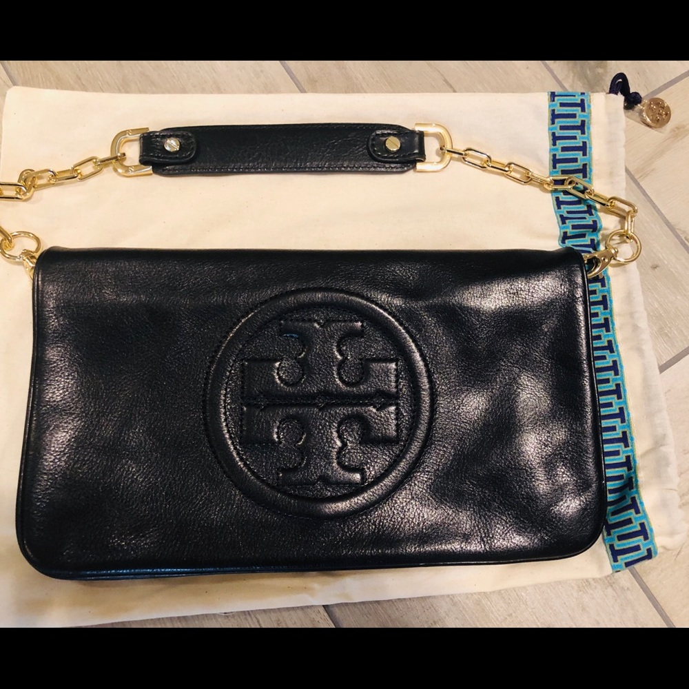 Authentic Tory Burch leather clutch, gold detail